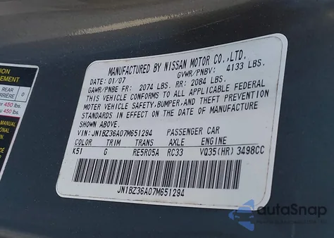 2007 Nissan 350Z Touring from USA, damaged, VIN JN1BZ36A07M651294